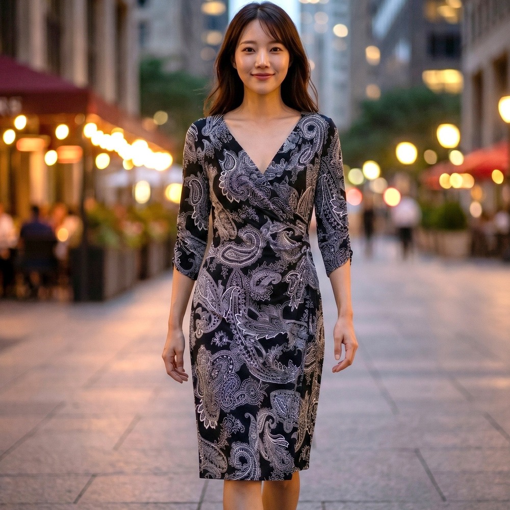 Lauren Ralph Lauren Paisley Faux Wrap Dress Womens 4 Black White Chic Career